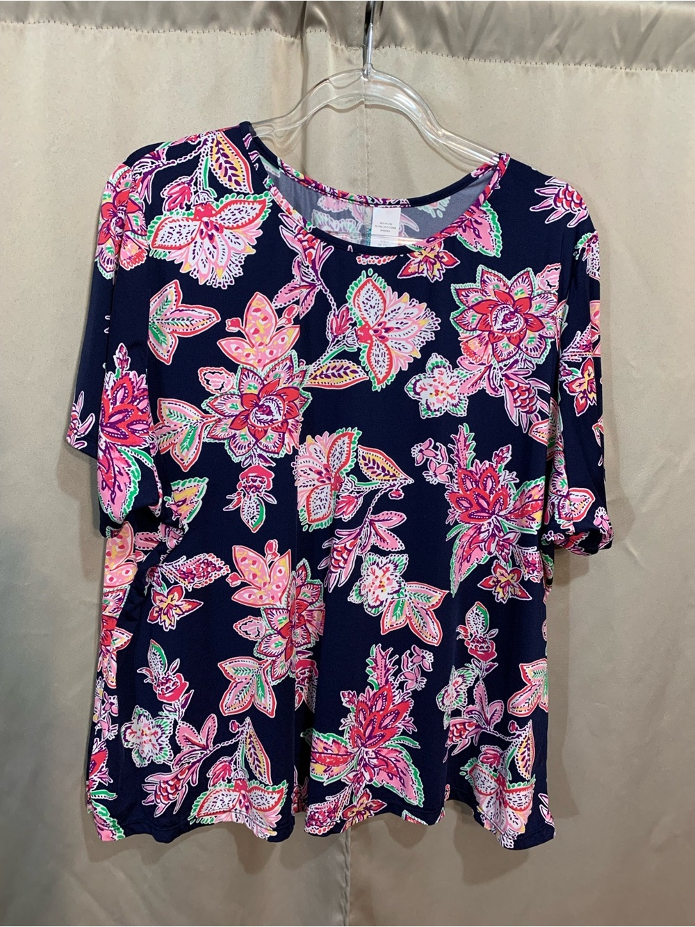 Women's Navy Floral Short Sleeve Tee with Pink & Green Print #40/1